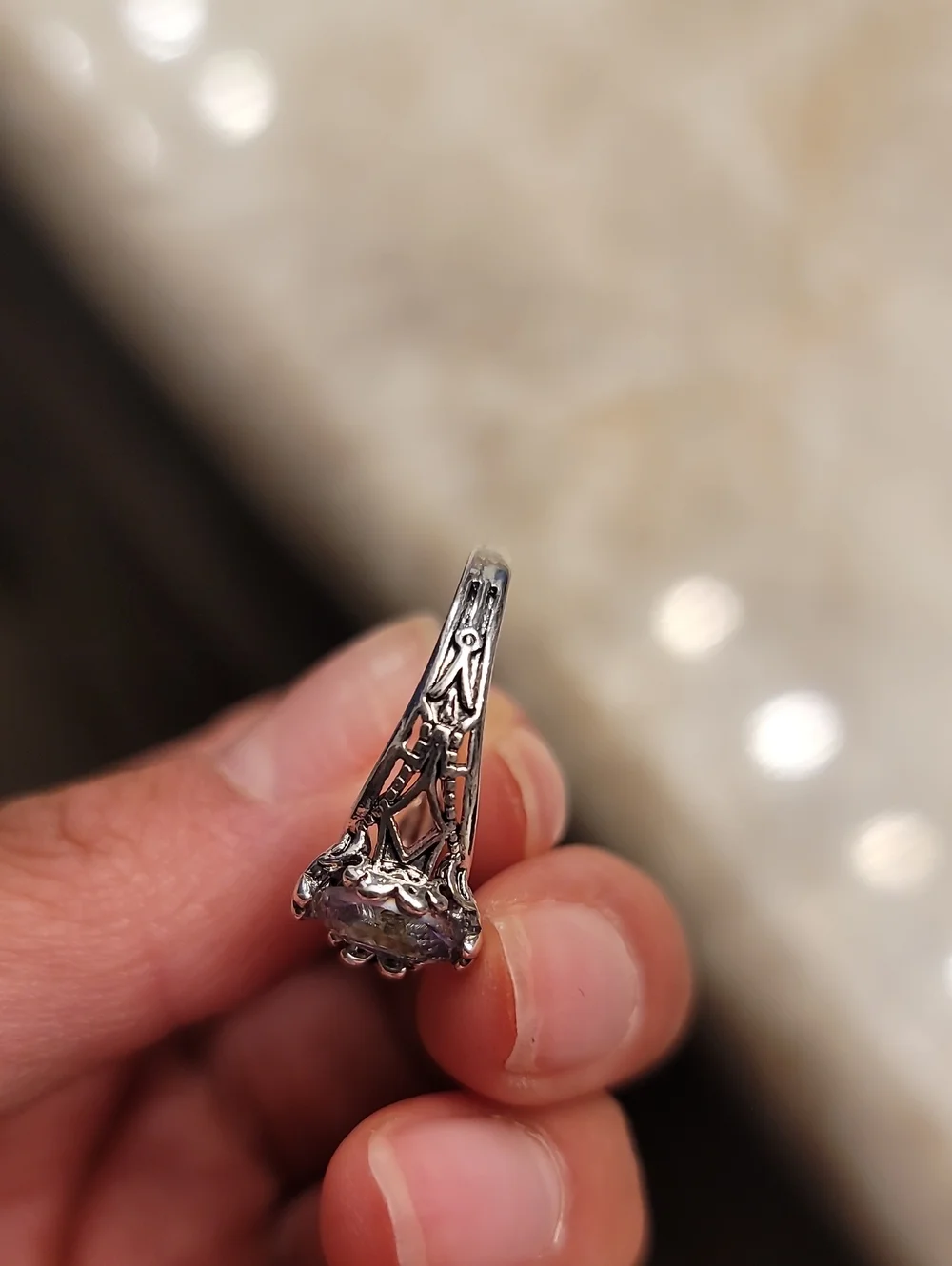 Stainless Steel Silver Plated Filigree Ring with Mystic Topaz/ Oil Spill Stone